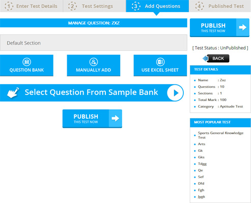 Add Questions screen: question bank, manual add and excel sheet