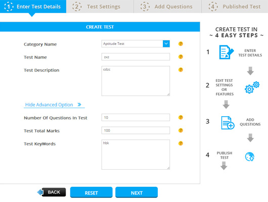 Create Test screen: enter category, name and description